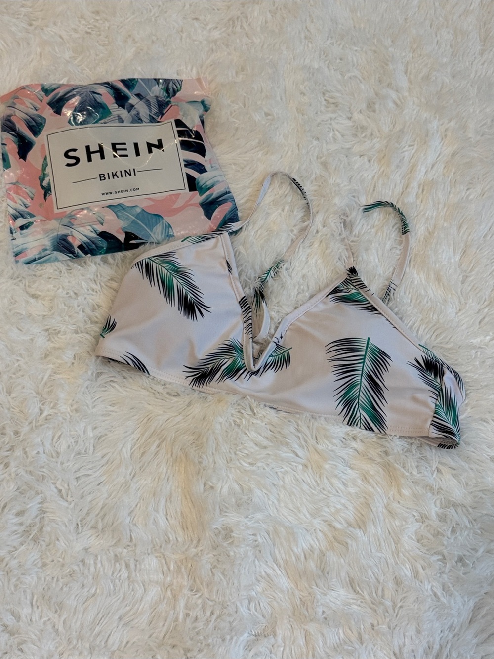 SHEIN Triangle Bikini Top with Green Palm Print